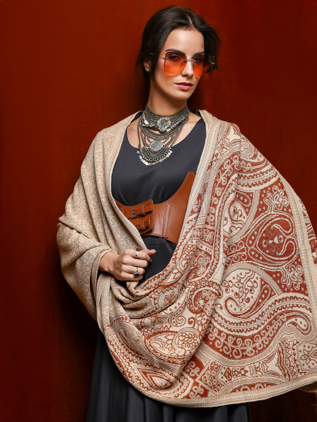 Beige Woven Design Wool Women'S Shawl