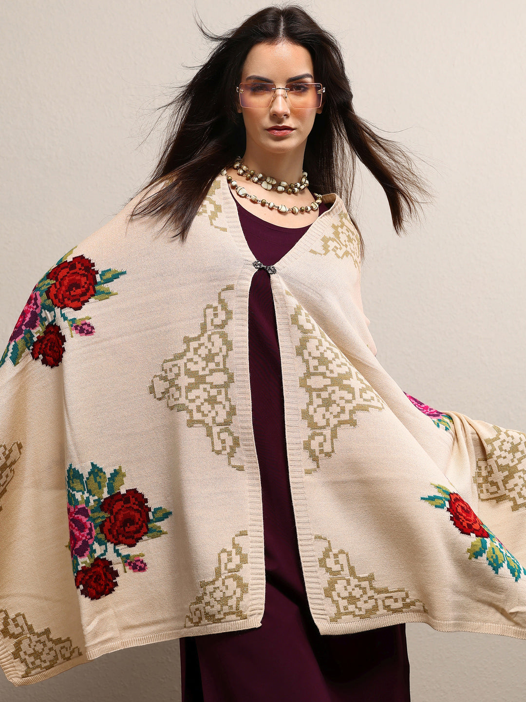 Beige Woven Design Wool Wrap Shawl 