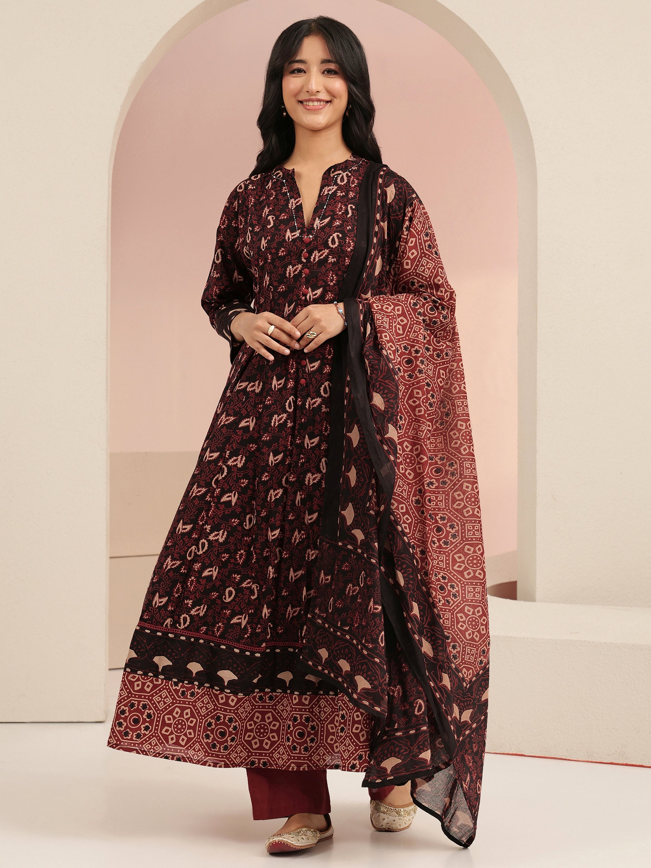 libas Black Ajrakh Printed Cotton Anarkali Suit Set-picture-47