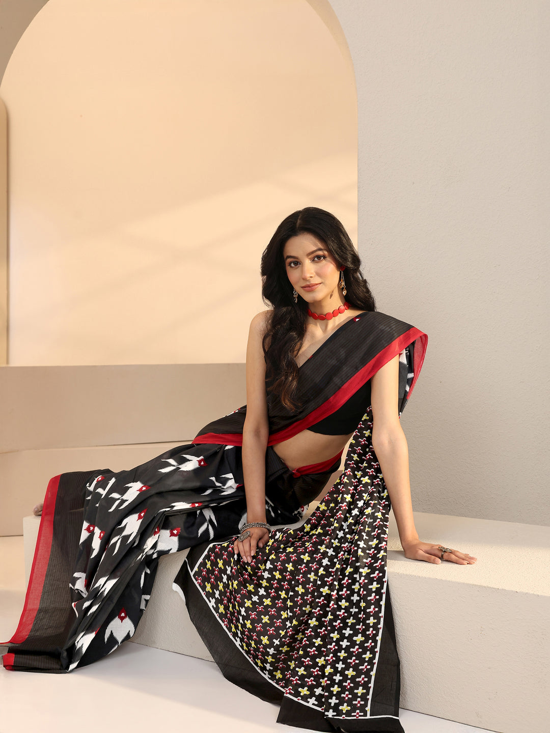  Black Fish Print Cotton Saree 