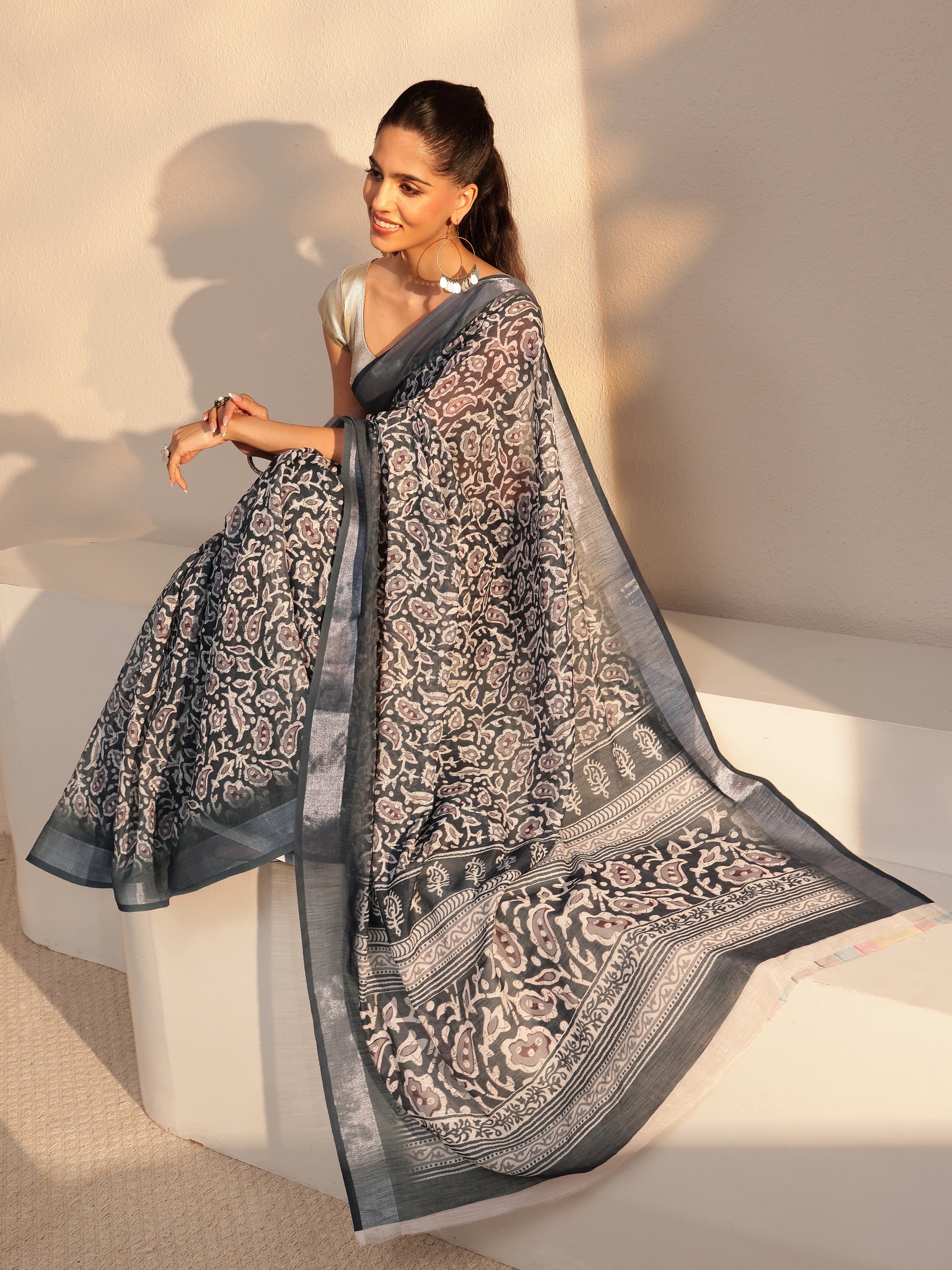 Black Bagru Printed Cotton Blend Saree-image-5