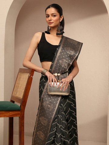 Black Bandhani Printed Silk Blend Saree With Unstitched Blouse Piece