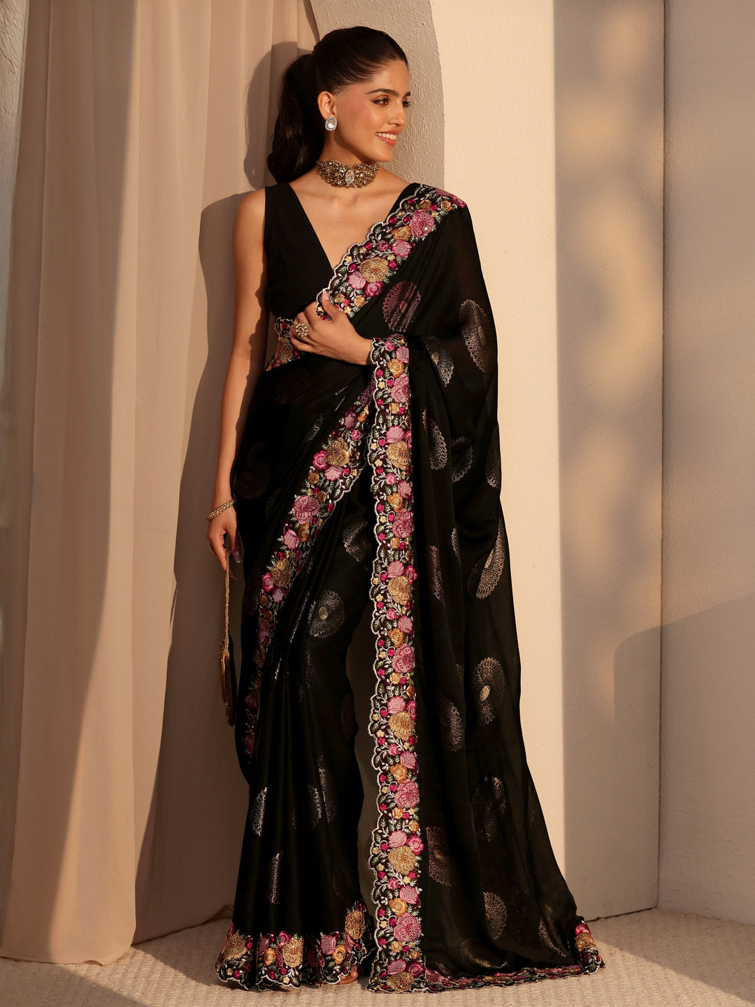  Black Chiffon Saree with Floral Border 