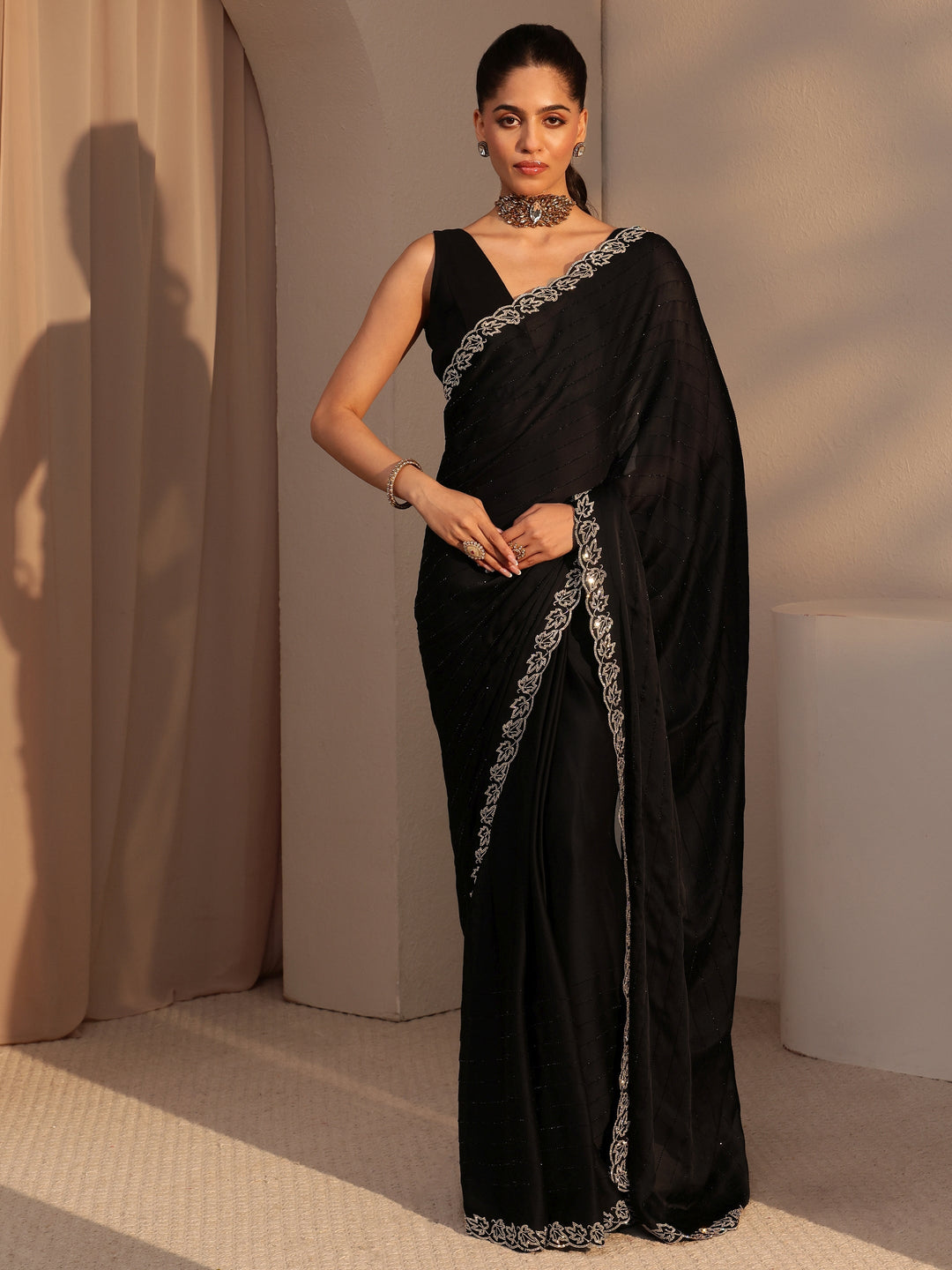  Black Embellished Chiffon Saree 