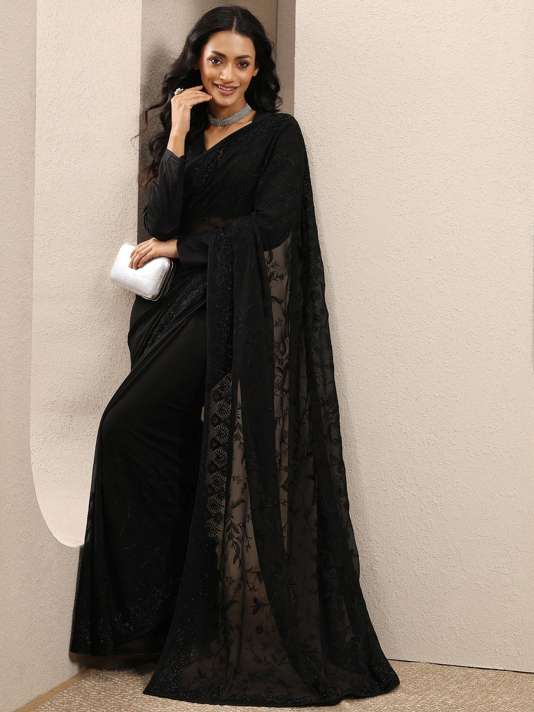 Black Embroidered Georgette Saree With Unstitched Blouse Piece