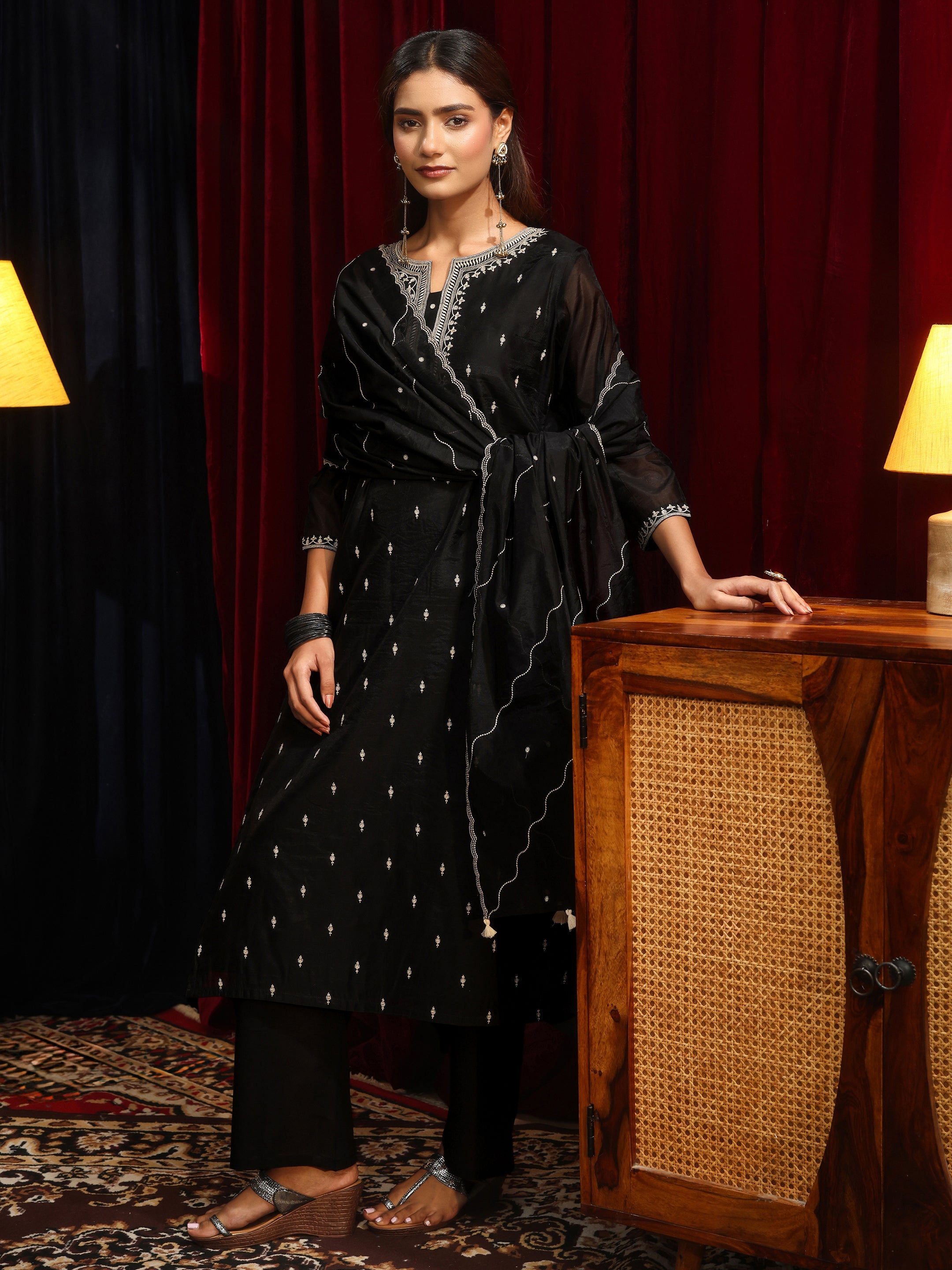 libas Black Ethnic Embroidered Chanderi Silk Straight Suit Set-picture-22