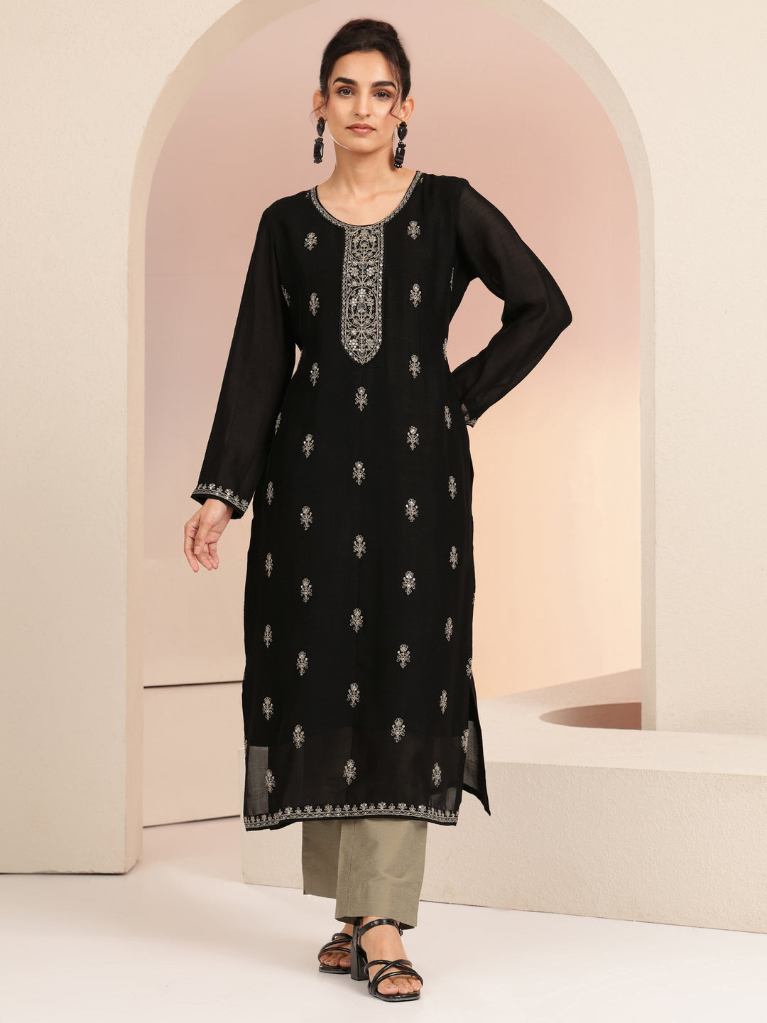  Black Ethnic Embroidered Silk Blend Straight Kurta Set 