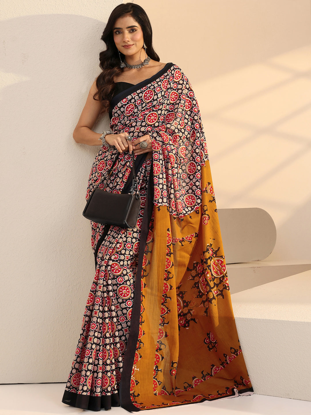  Black Ajrakh Print Cotton Saree 