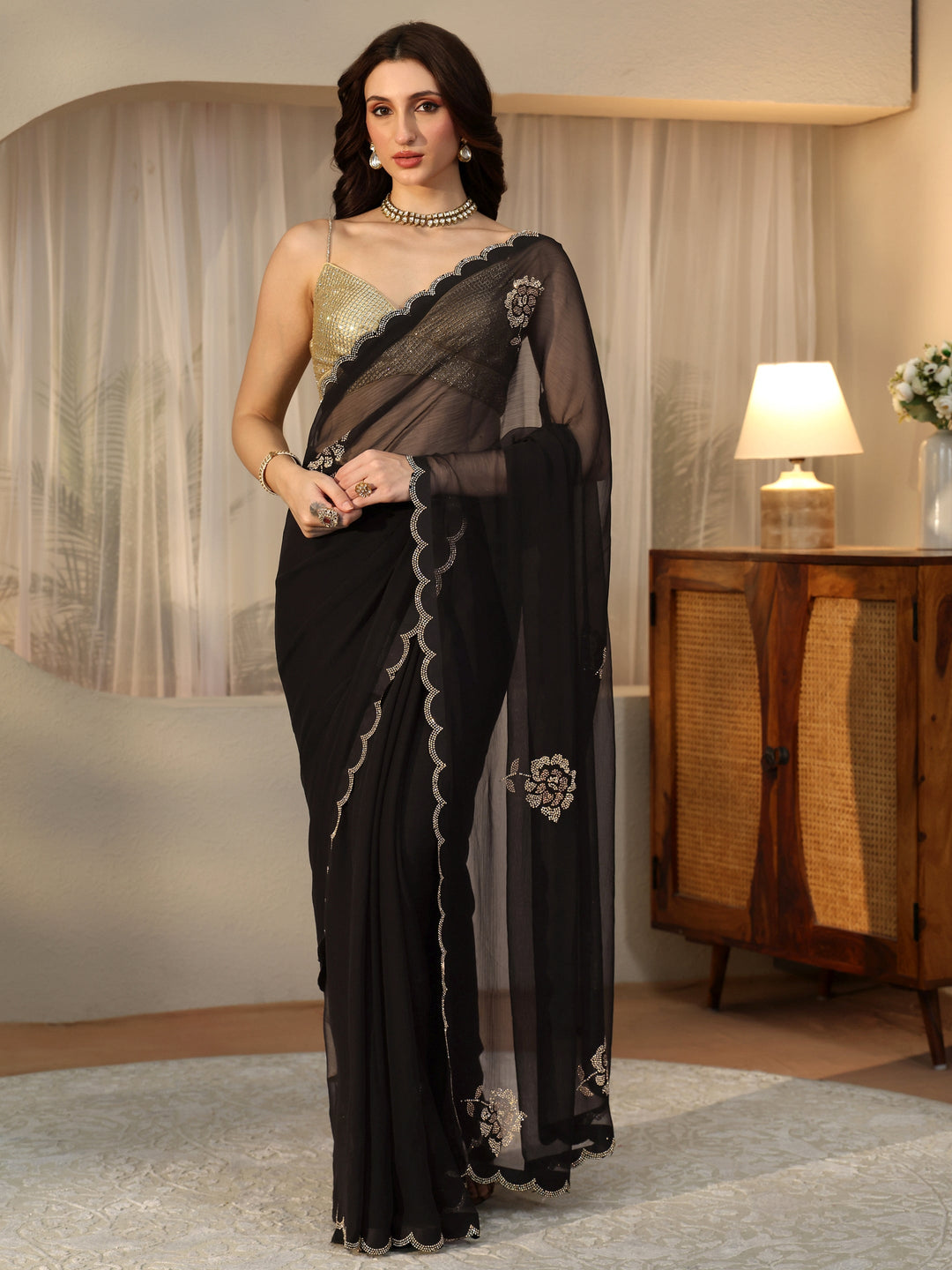  Black Floral Embellished Georgette Saree 
