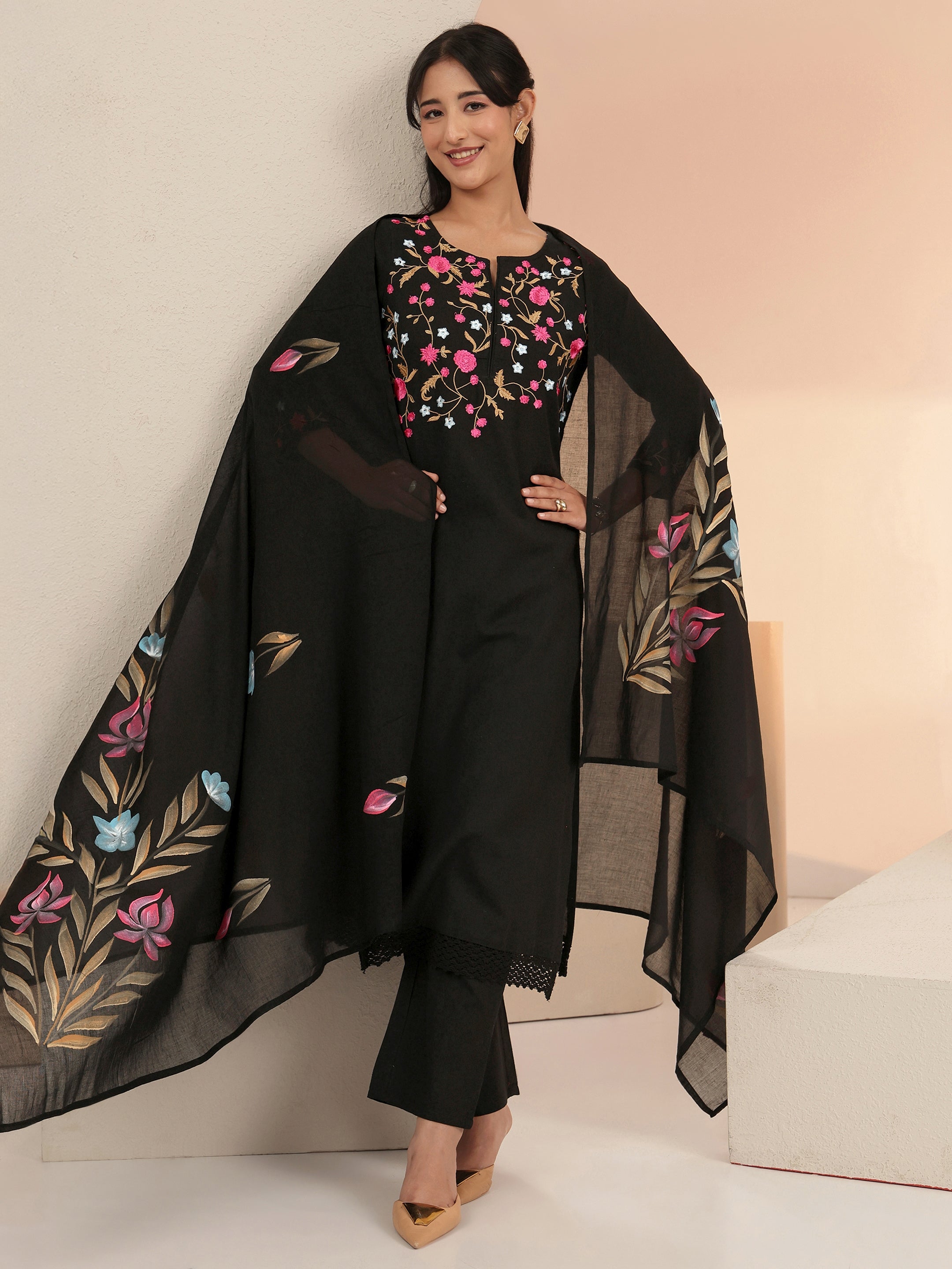 libas Black Floral Embroidered Cotton Straight Suit Set-picture-41