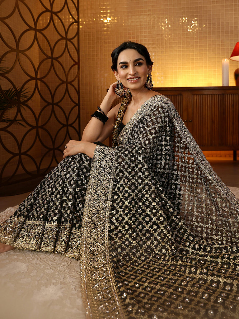 Libas Black Floral Embroidered Georgette Saree