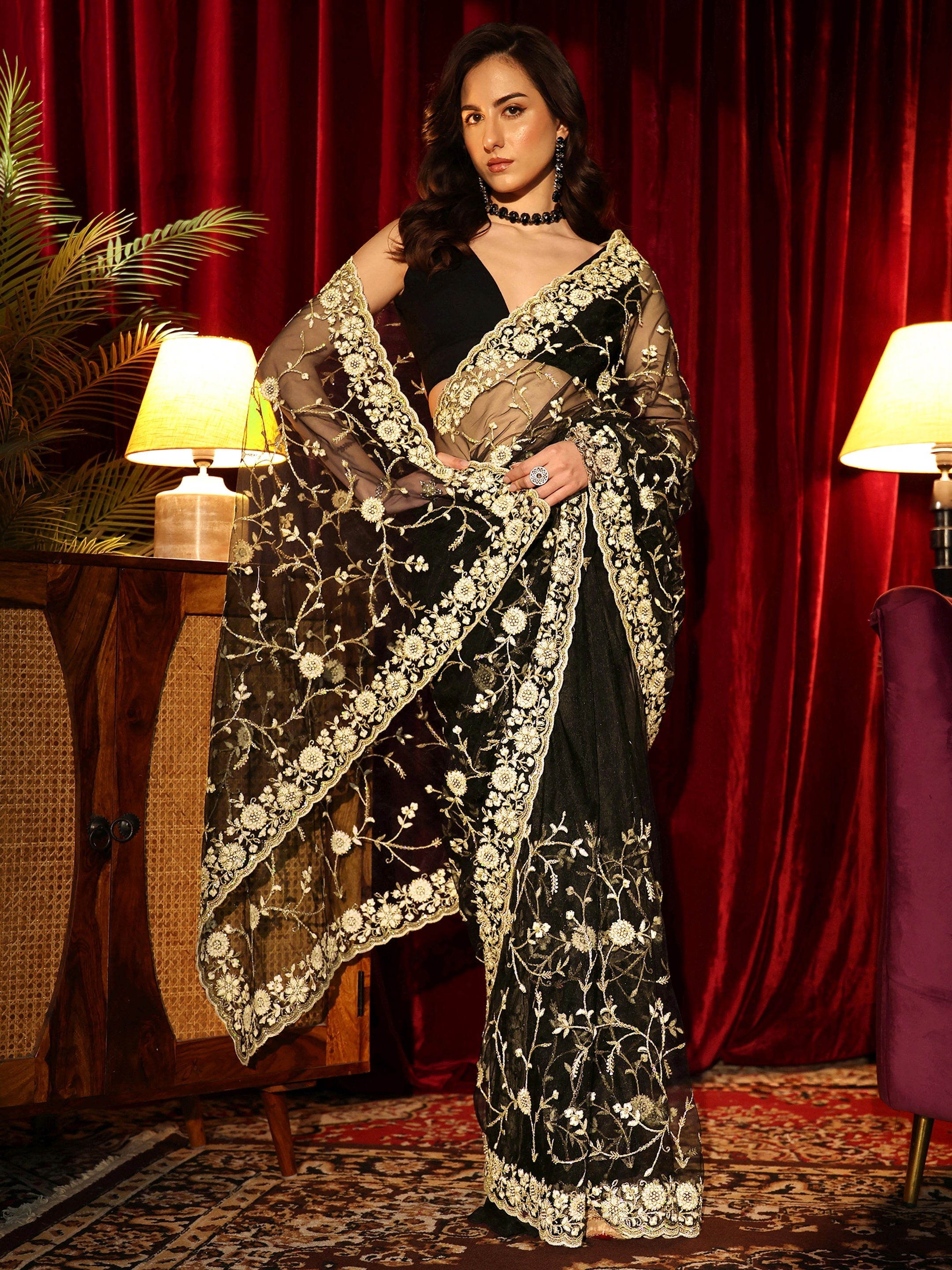 Libas Black Floral Embroidered Net Saree-picture-33