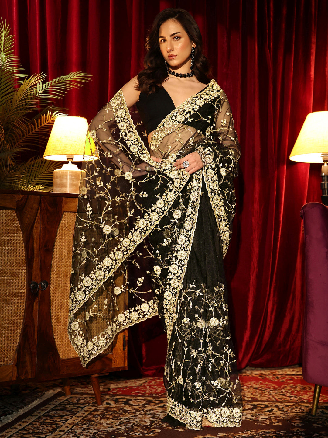  Black Floral Embroidered Net Saree 