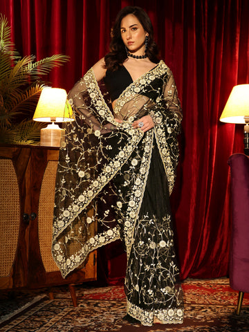 Libas Black Floral Embroidered Net Saree