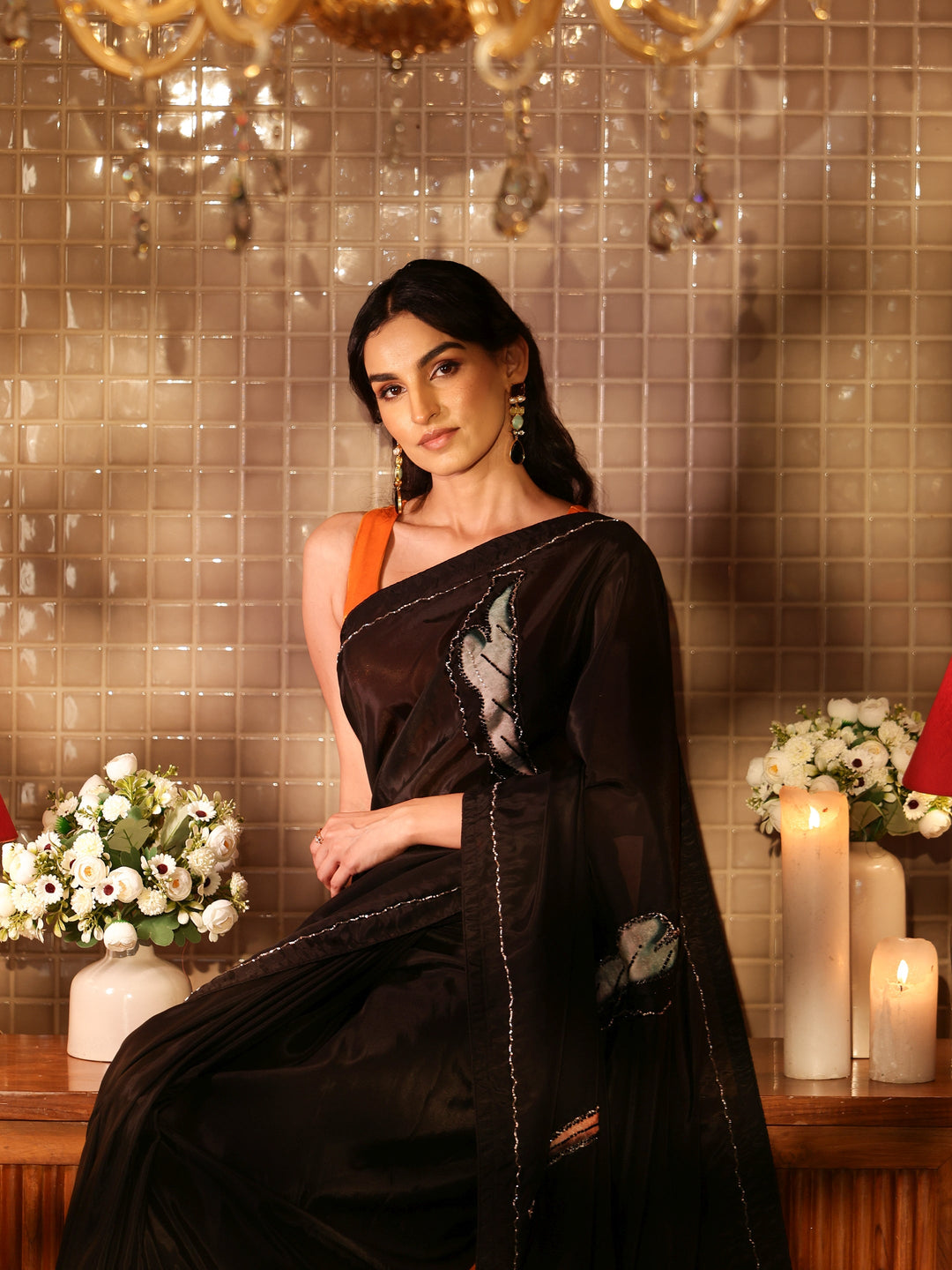  Libas Black Floral Embroidered Silk Blend Saree 