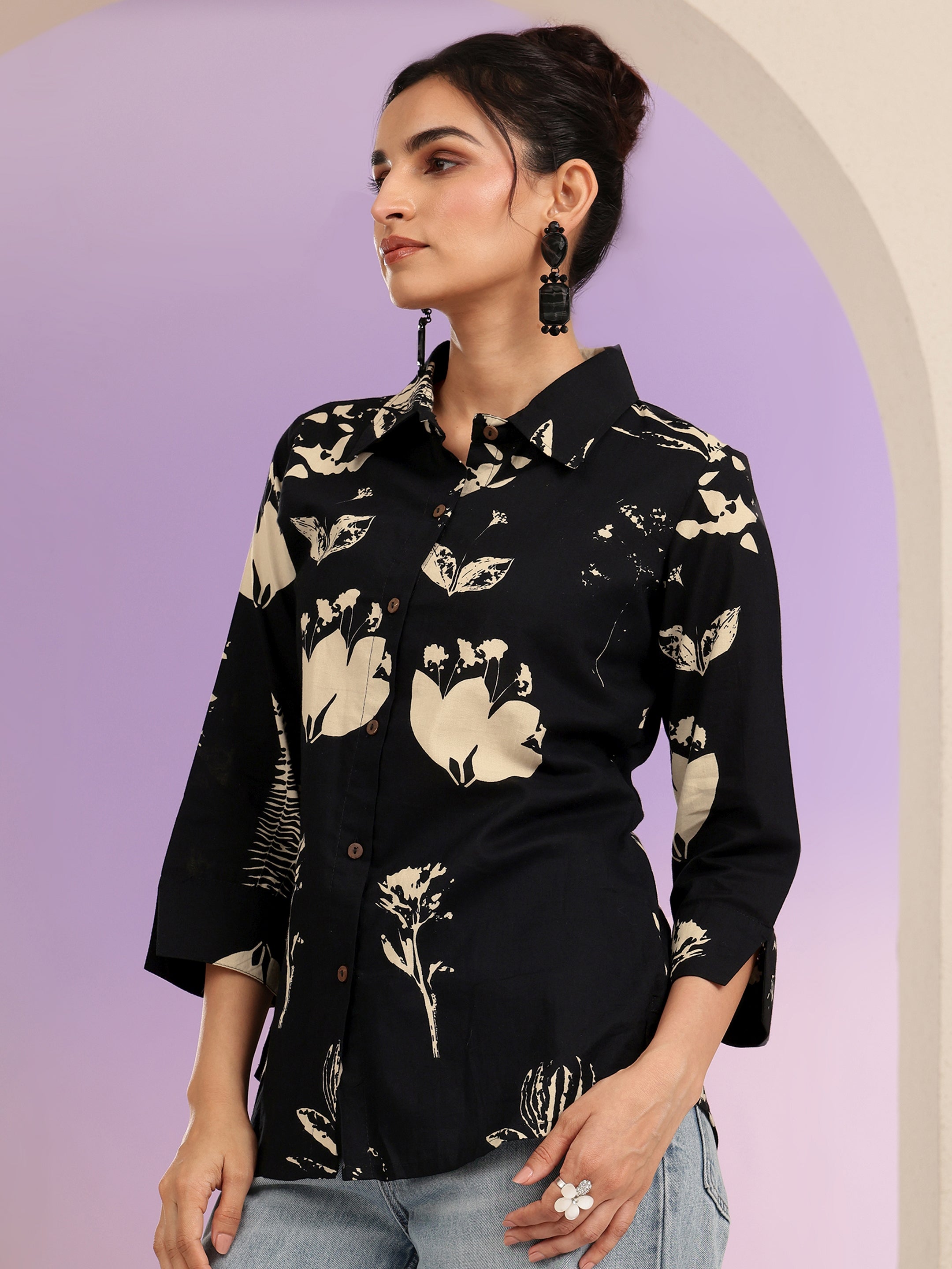 Black Floral Print Cotton Shirt-image-6