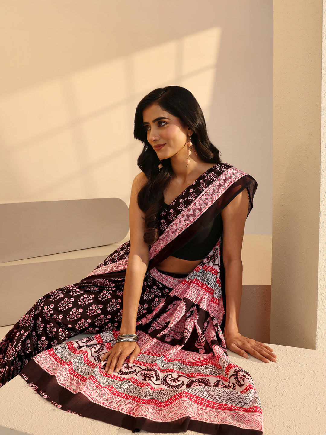  Black Bagru Floral Print Cotton Saree 