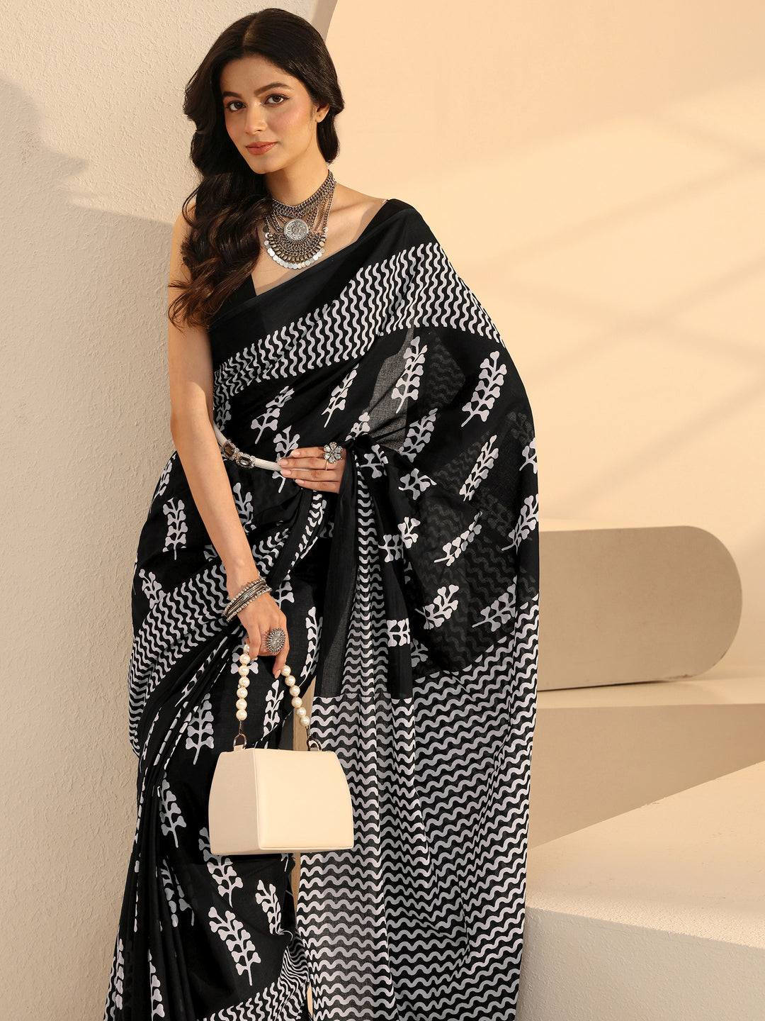  Black Block Printed Cotton Saree 