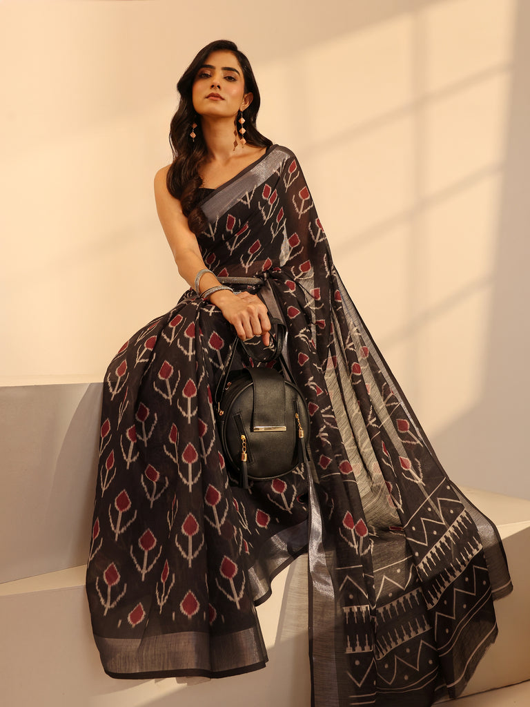 Libas Black Floral Printed cotton blend Saree