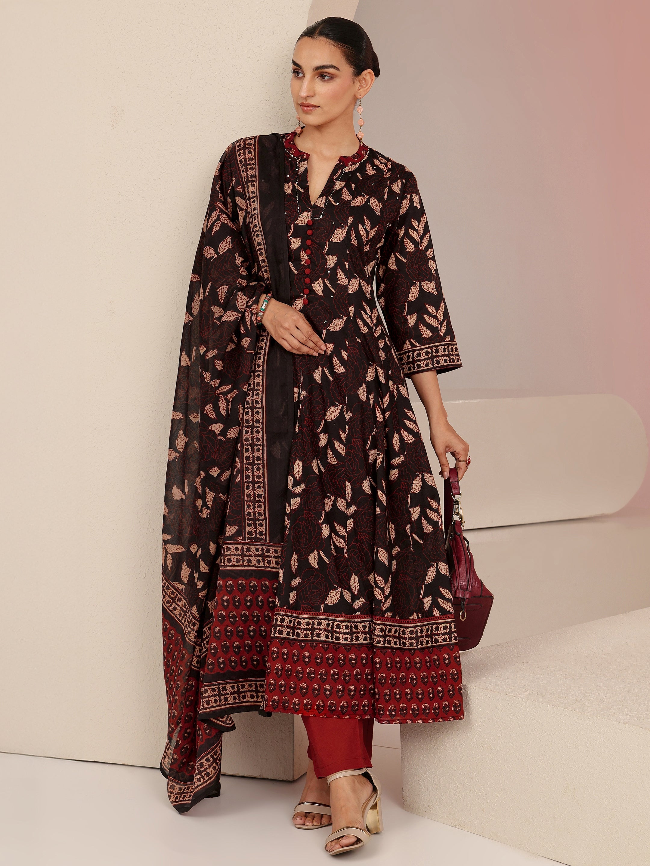 libas Black Leaf Printed Anarkali Cotton Suit Set-picture-22