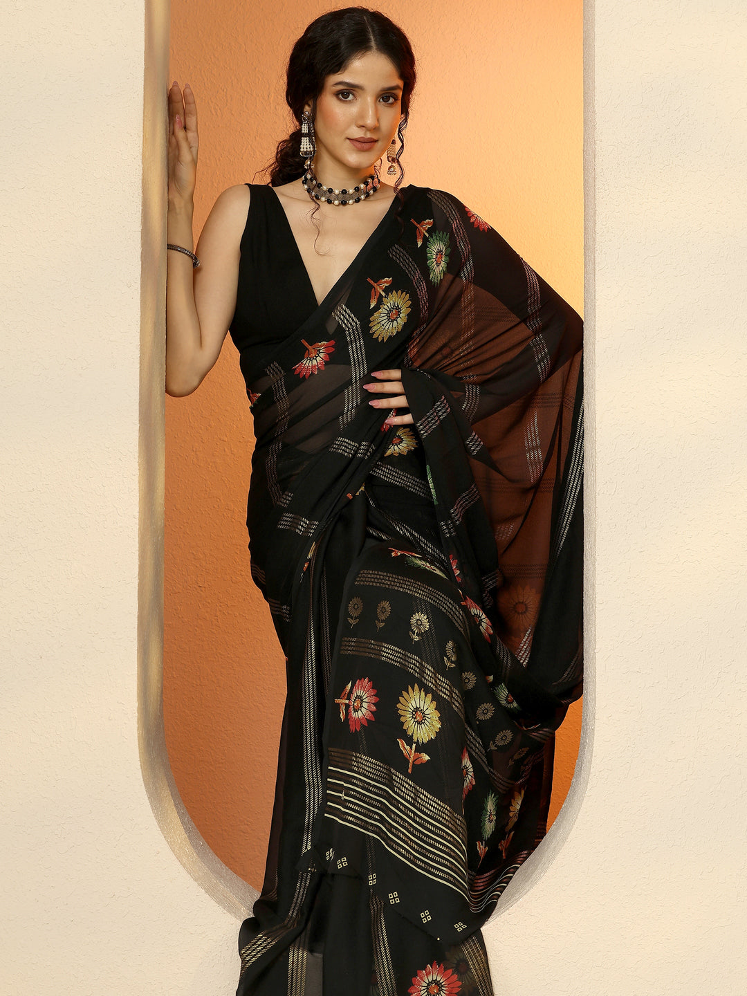  Black Printed Georgette Saree With Unstitched Blouse Piece 