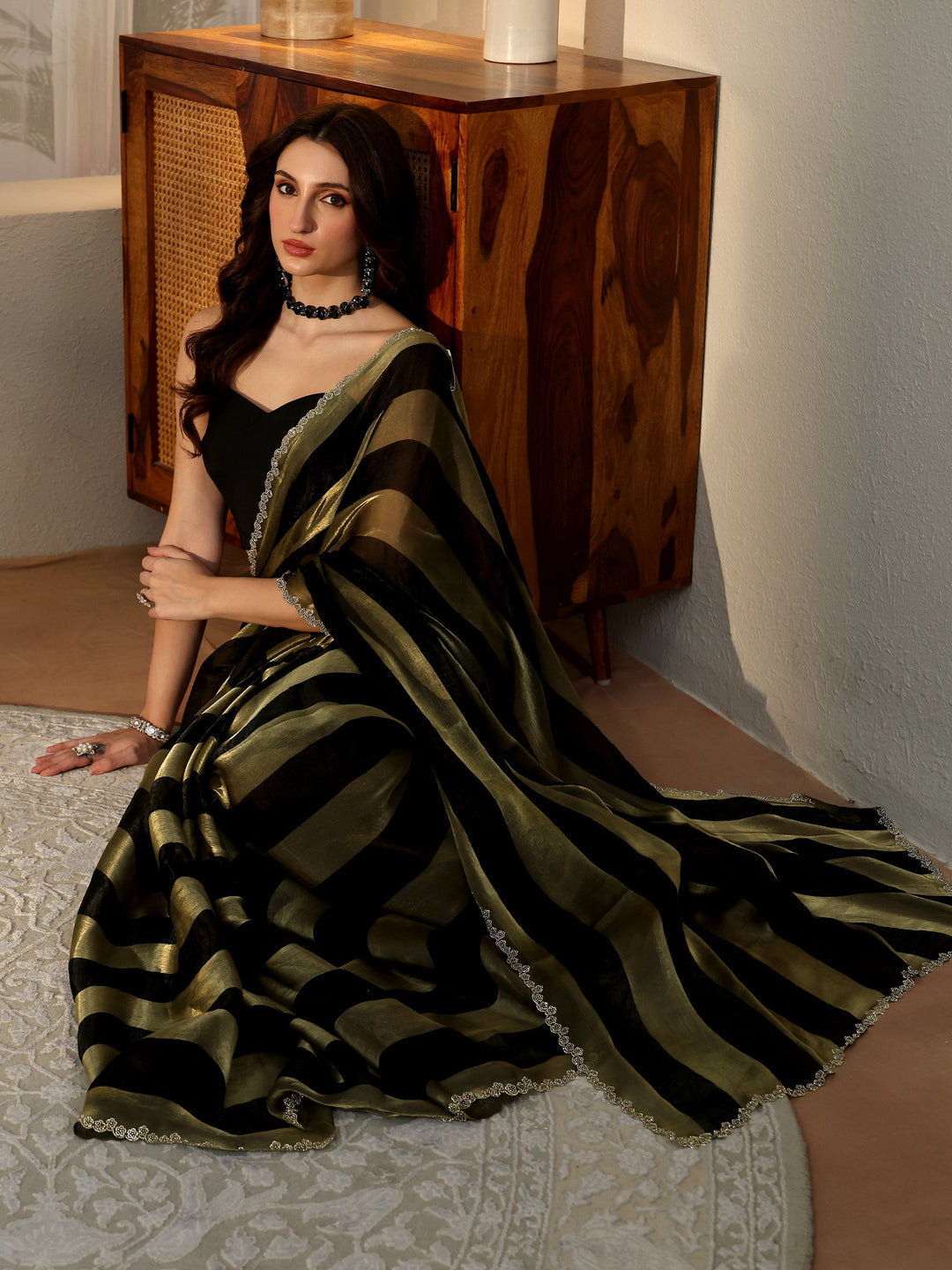  Black Striped Silk Blend Saree 
