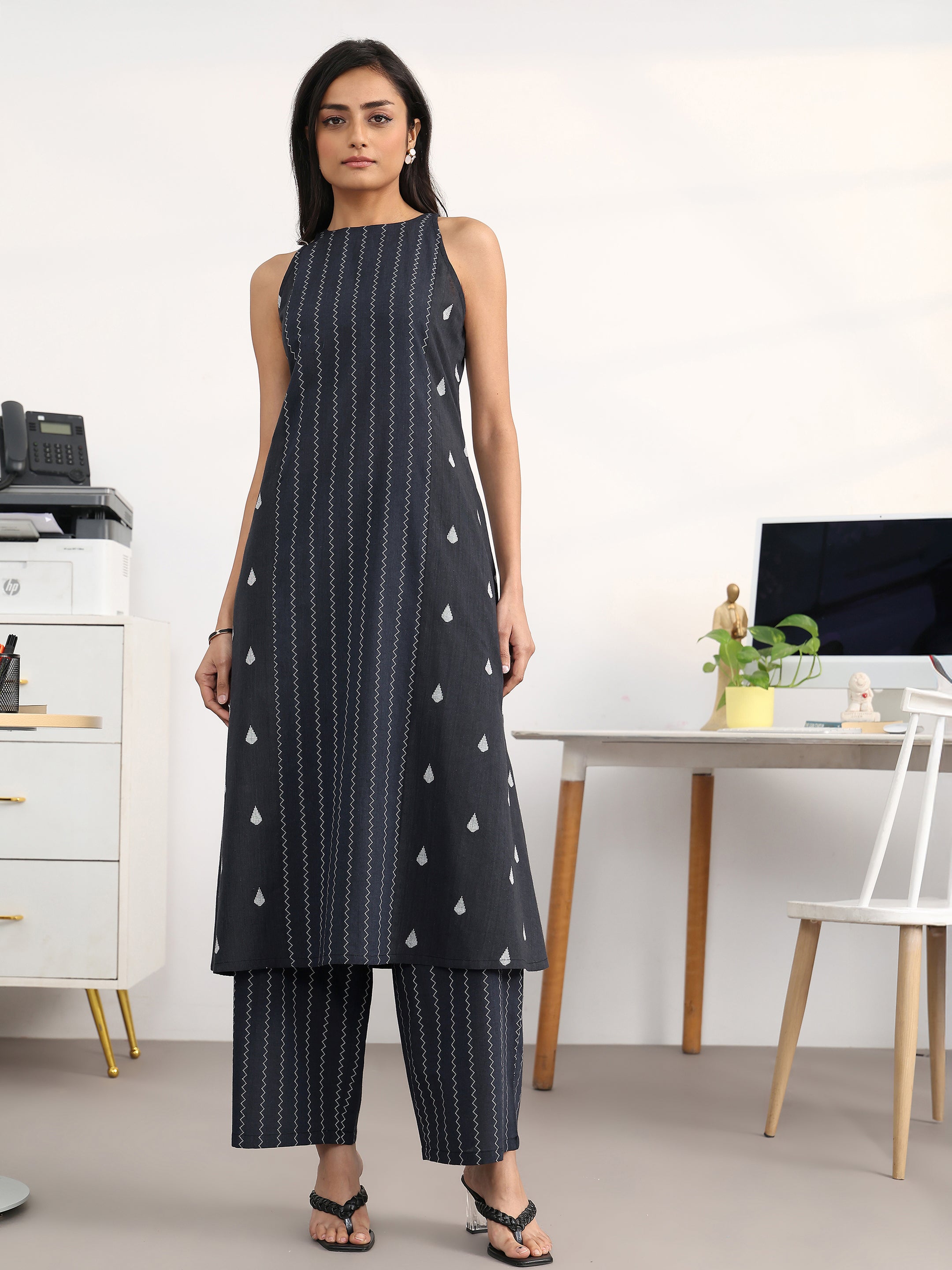 libas Black Striped Woven Design Cotton Blend A-Line Kurta Set-picture-35