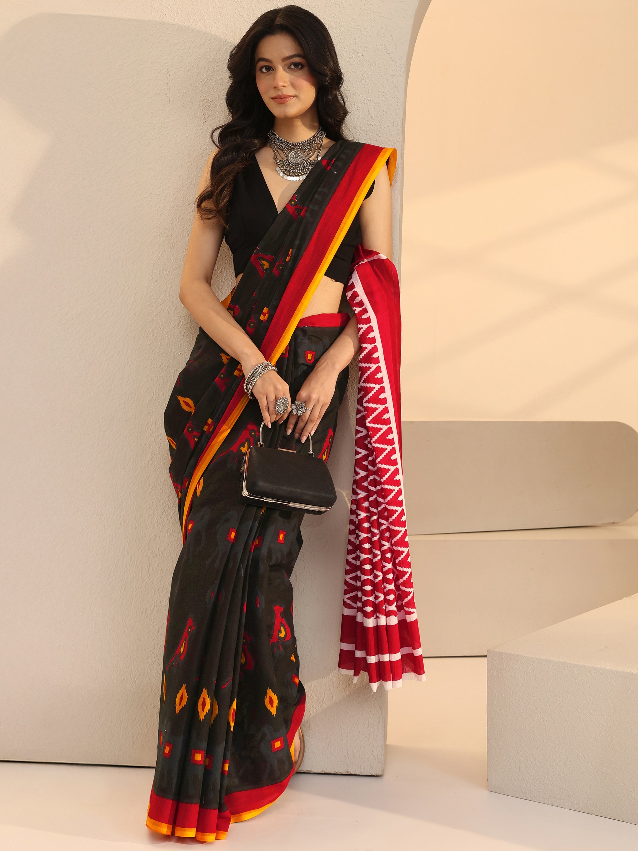 Libas Black Geometric Print Jamdani Cotton Saree-picture-44