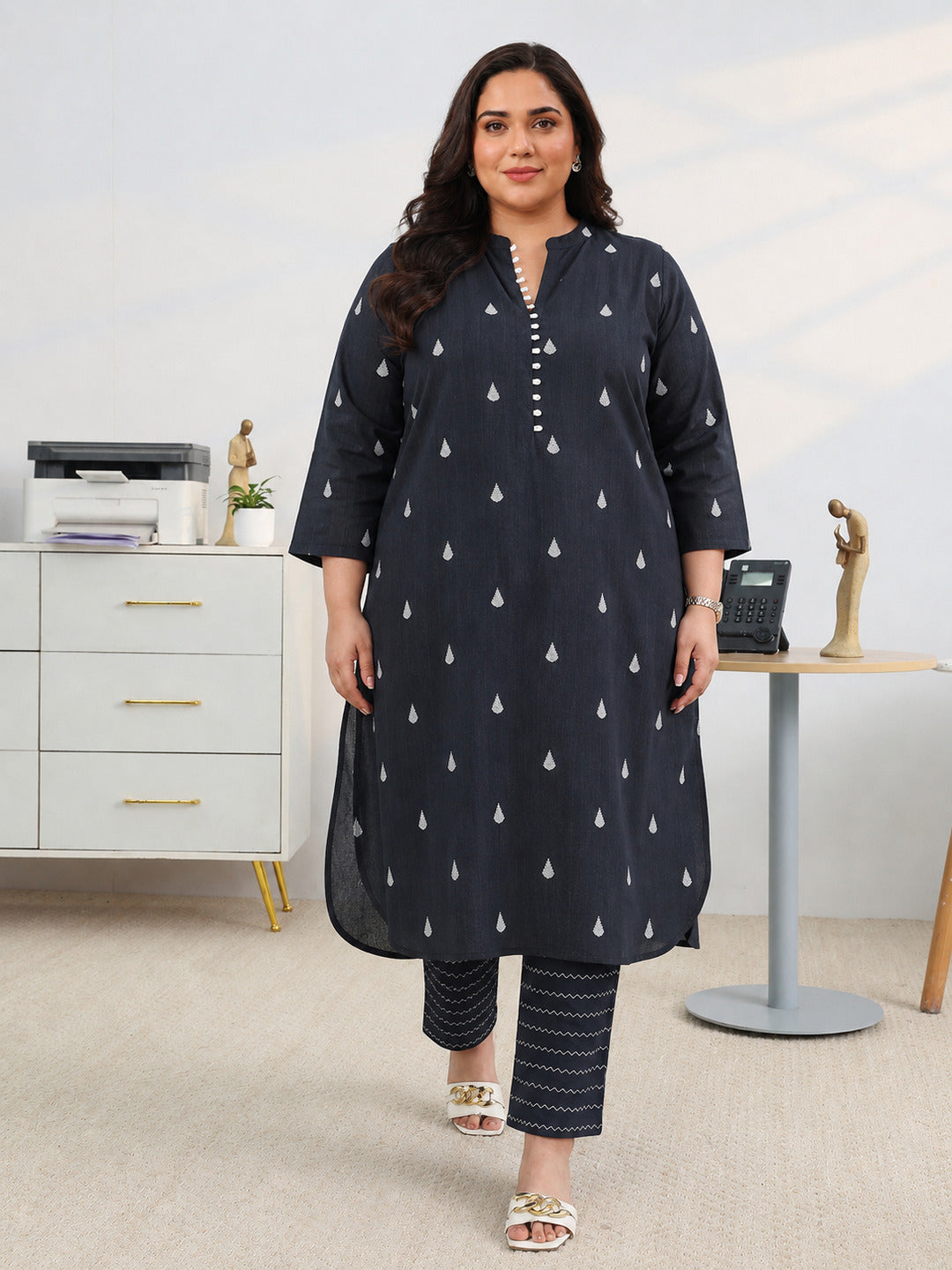 Black Woven Design Cotton Blend A-Line Kurta Set-image-14