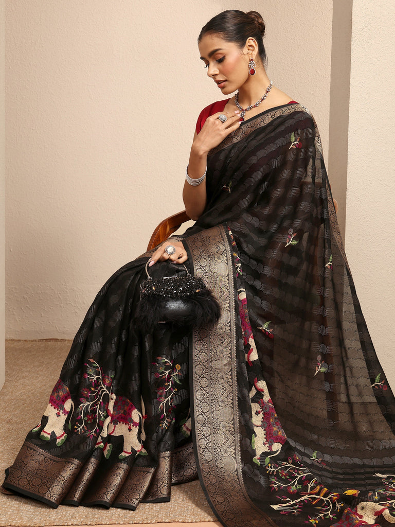 Libas Black Woven Design Silk Blend Saree With Unstitched Blouse Piece