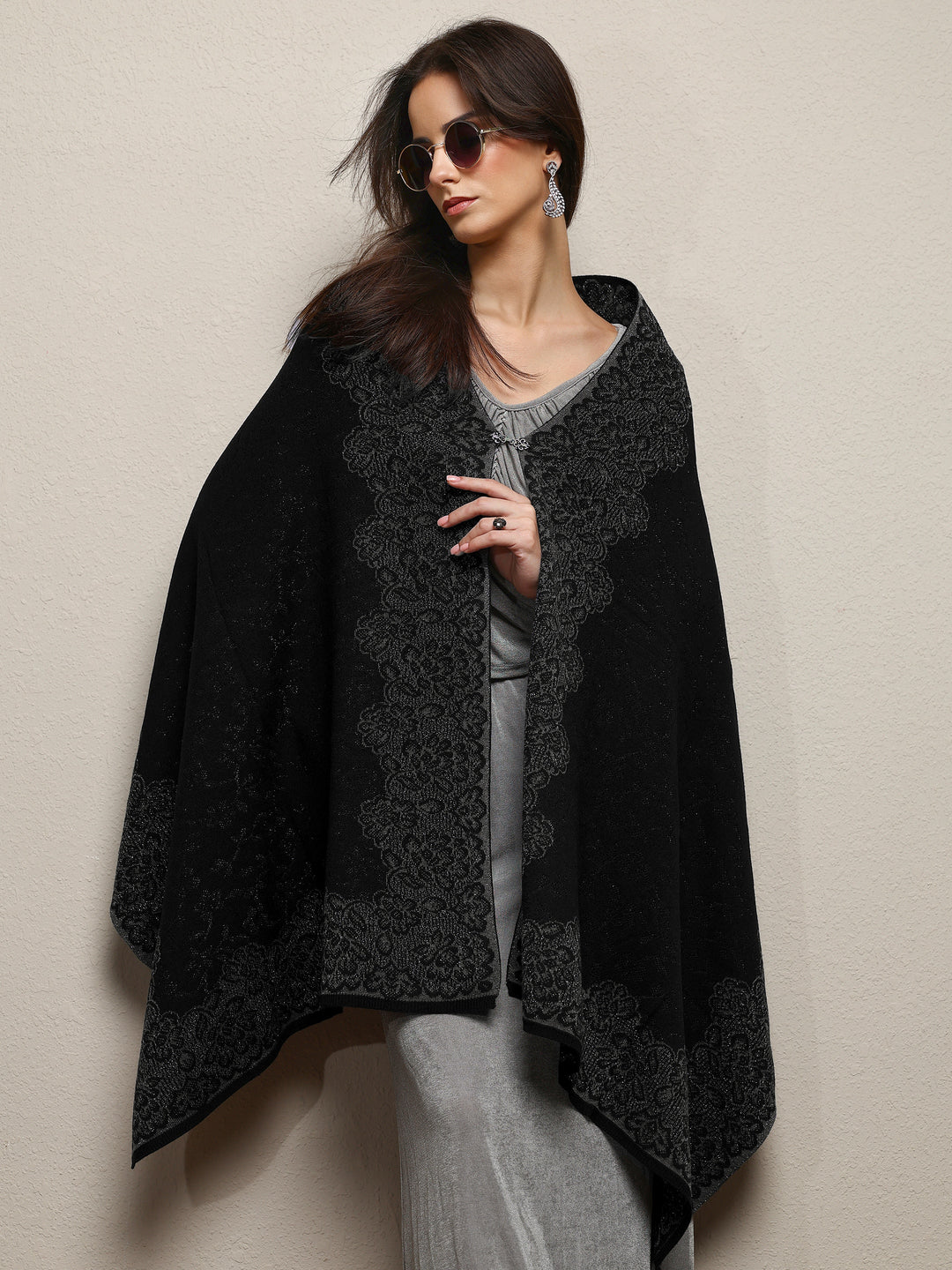Black Woven Design Wool Wrap Shawl 