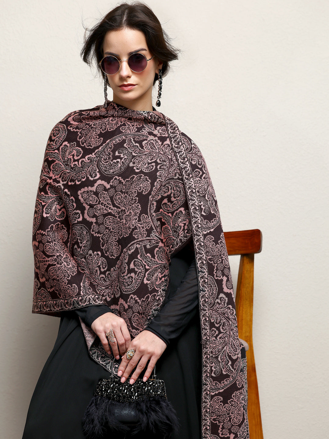 Black Woven Design Wool Wrap Shawl 