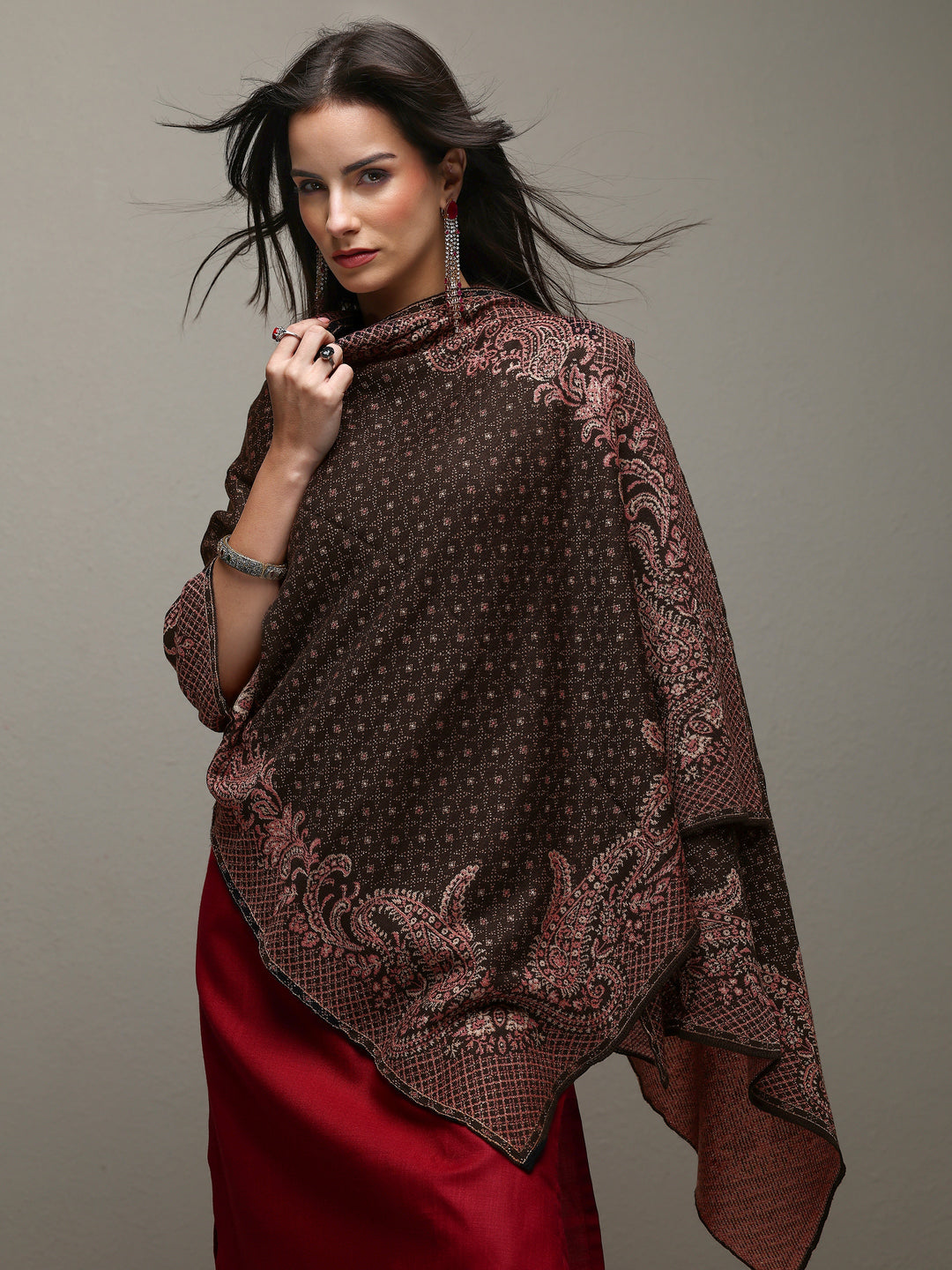 Black Woven Design Wool Wrap Shawl 