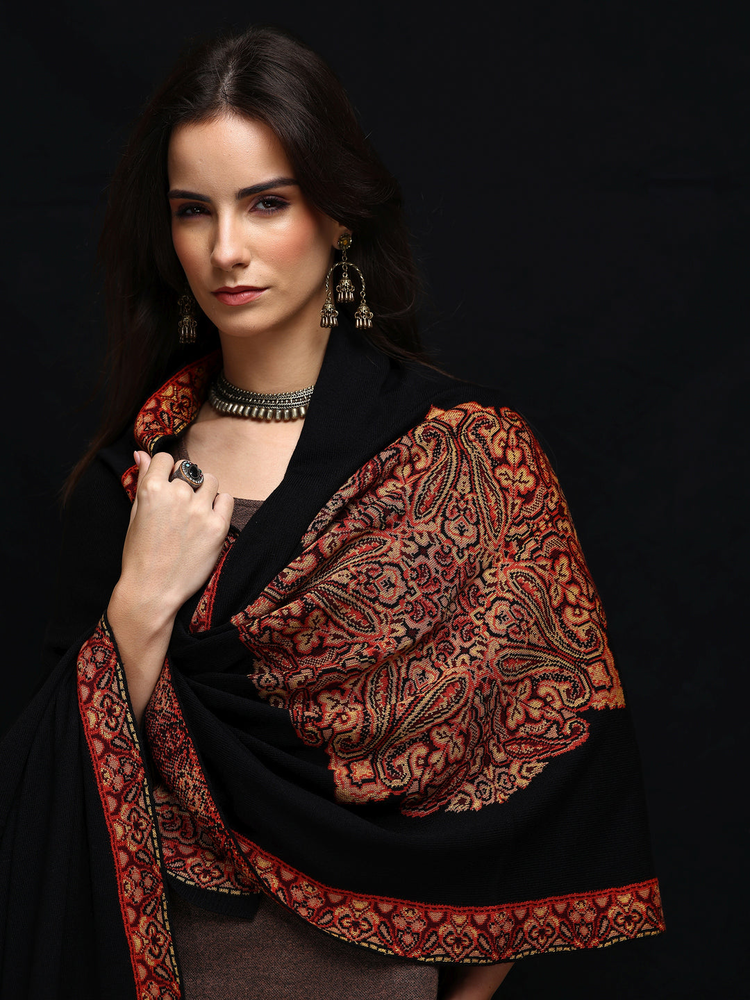 Black Woven Design Wool Wrap Shawl 