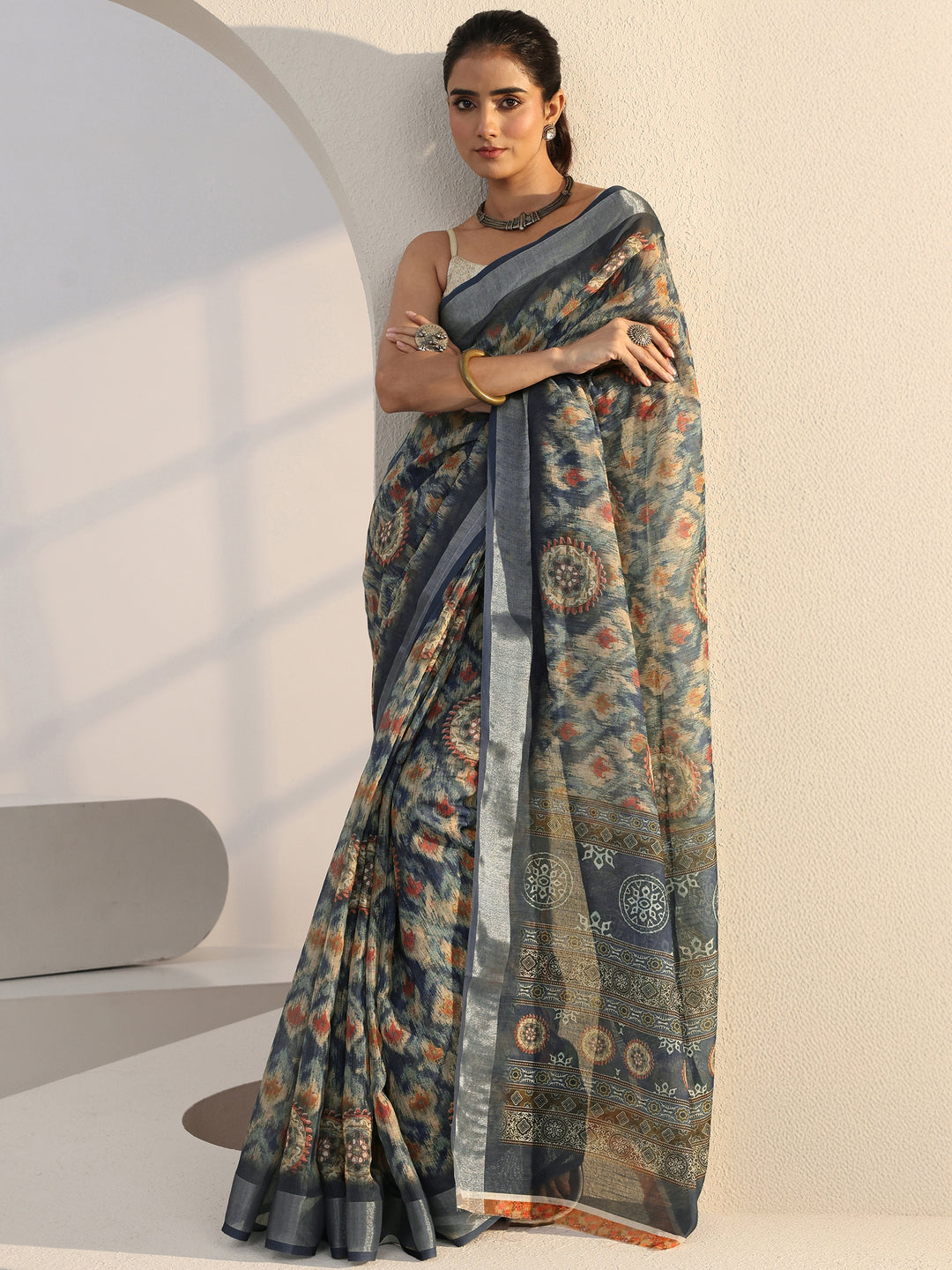  Blue Abstract Print Cotton Blend Saree 