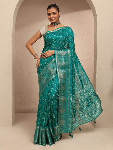 Blue Bandhani Printed Silk Blend Saree With Unstitched Blouse Piece