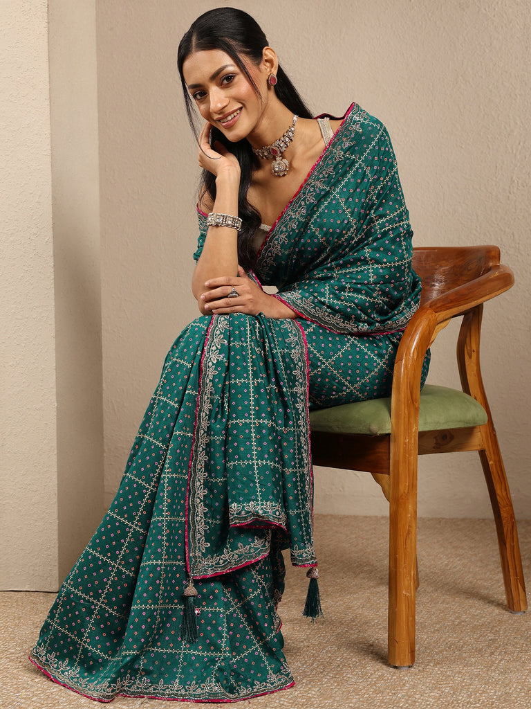 Libas Blue Bandhani Printed Silk Blend Saree With Unstitched Blouse Piece