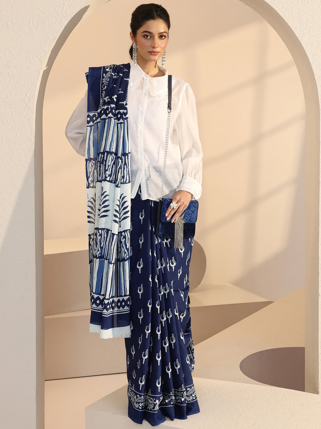  Indigo Peacock Print Cotton Saree 
