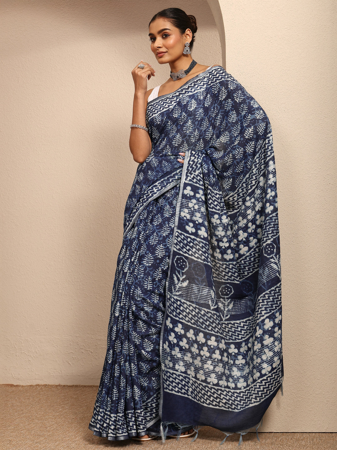  Blue Block Printed Cotton Saree With Unstitched Blouse Piece 