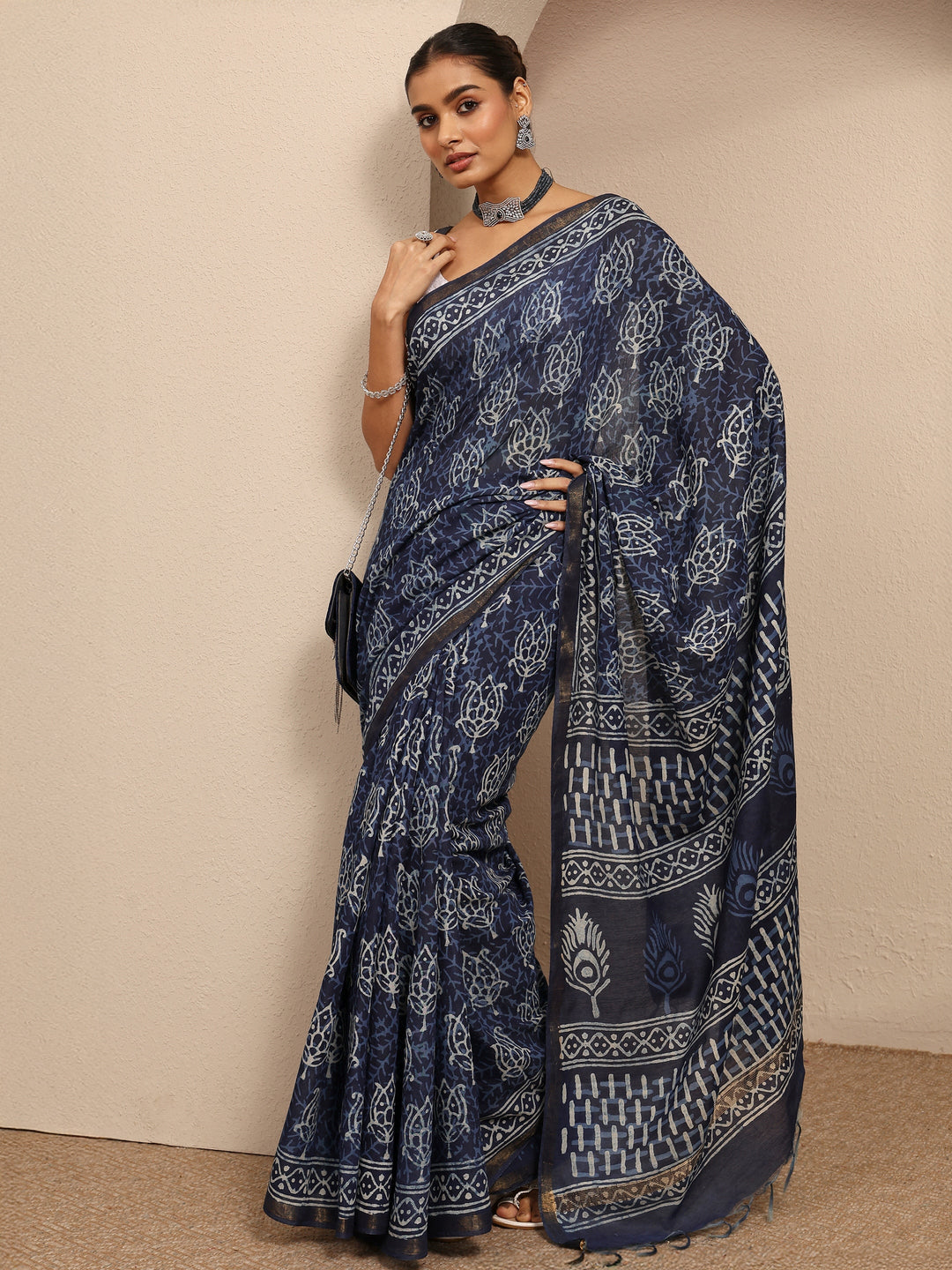  Blue Block Printed Cotton Saree With Unstitched Blouse Piece 
