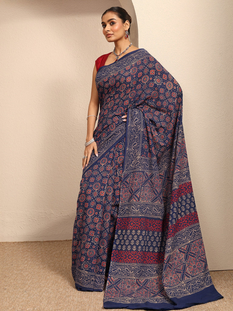 Libas Blue Block Printed Cotton Saree With Unstitched Blouse Piece