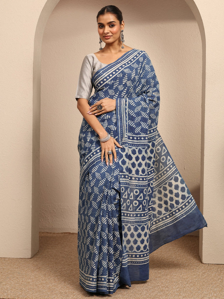Libas Blue Block Printed Cotton Saree With Unstitched Blouse Piece