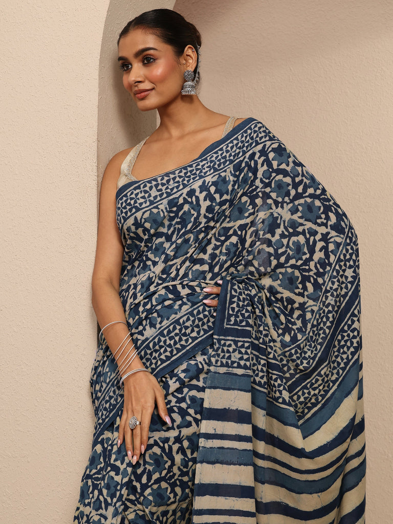 Libas Blue Block Printed Cotton Saree With Unstitched Blouse Piece