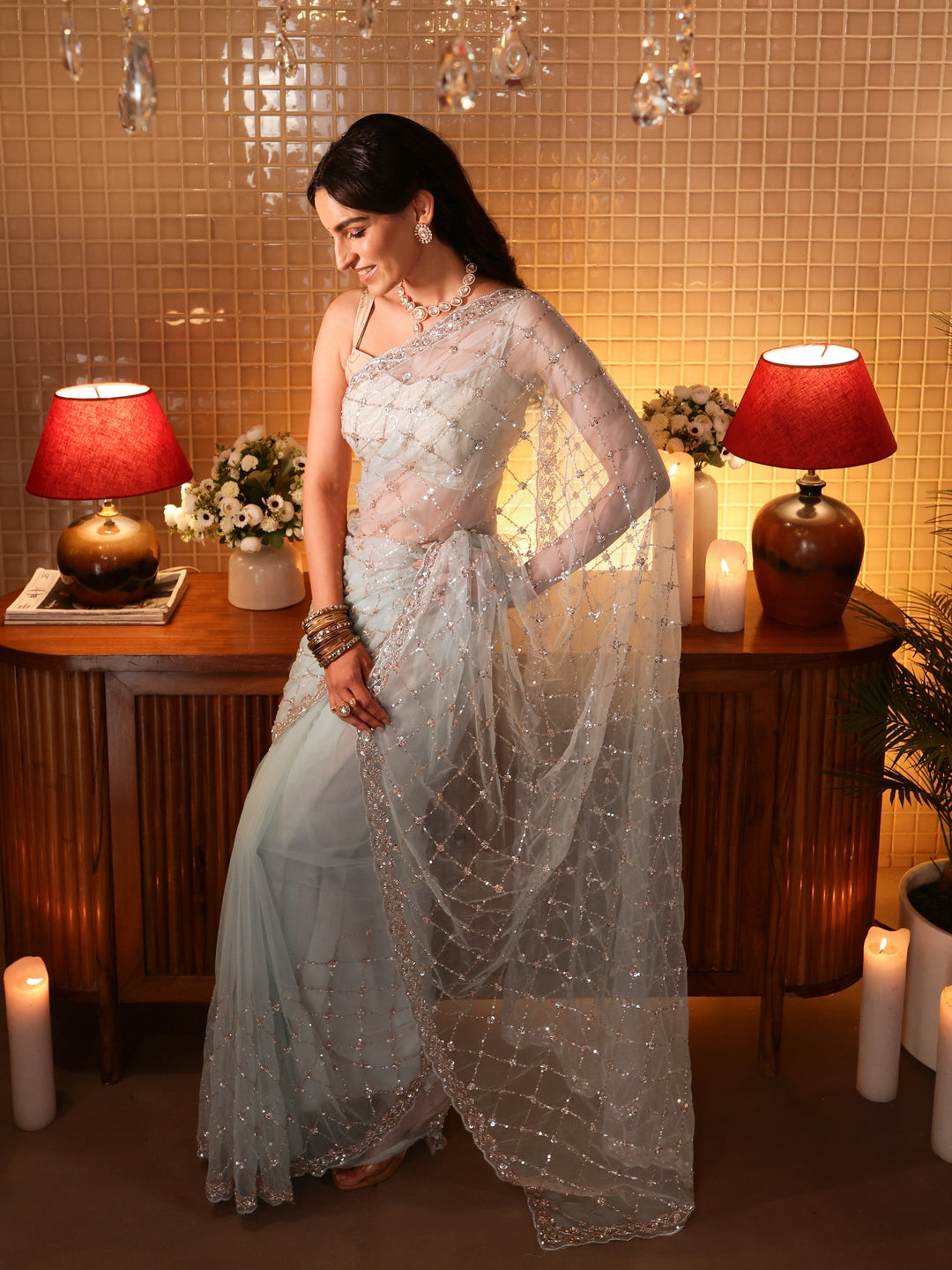  Blue Embellished Net Saree 