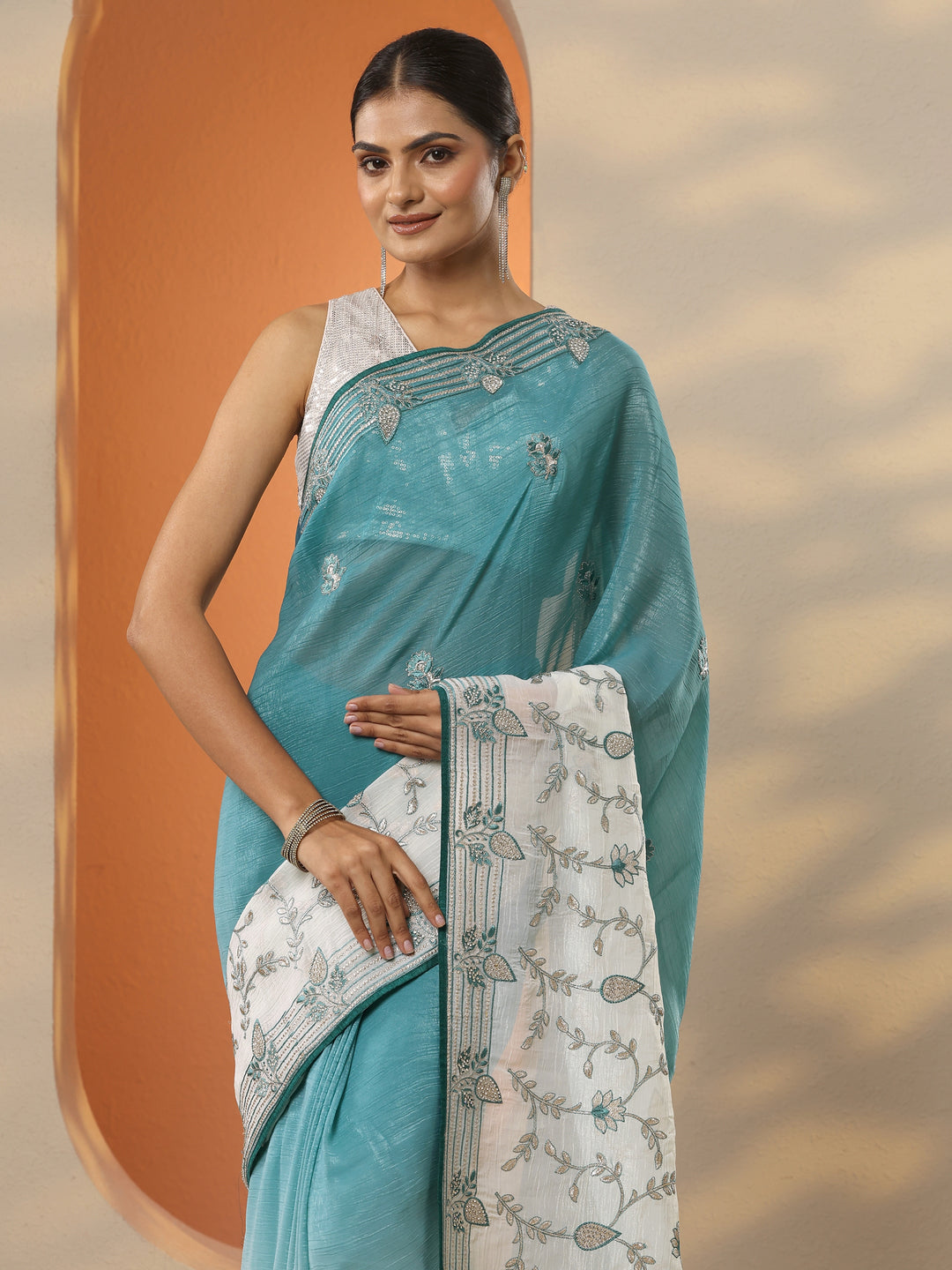  Blue Embellished Organza Saree With Unstitched Blouse Piece 
