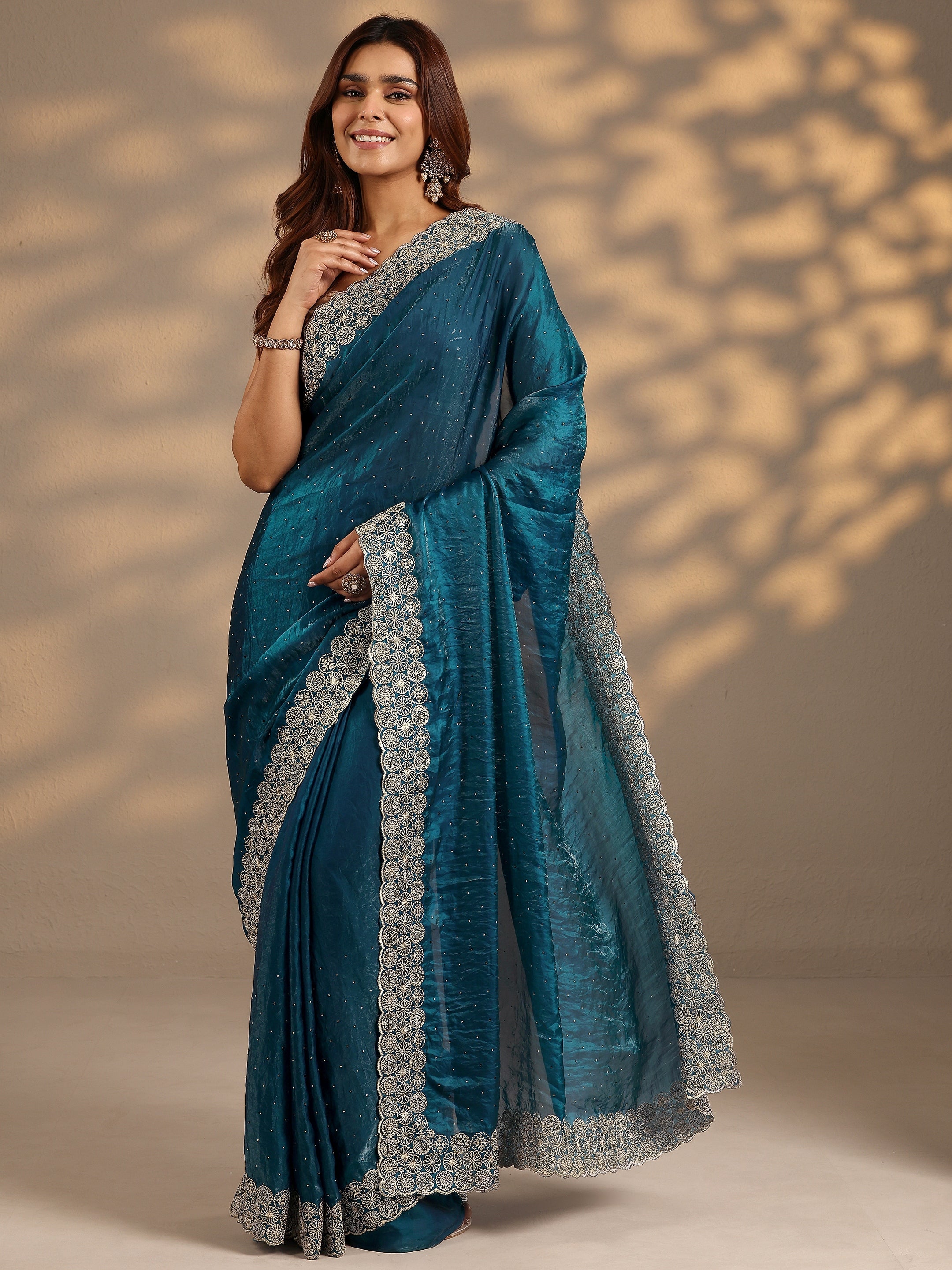 Blue Embellished Silk Blend Saree With Unstitched Blouse Piece-image-43