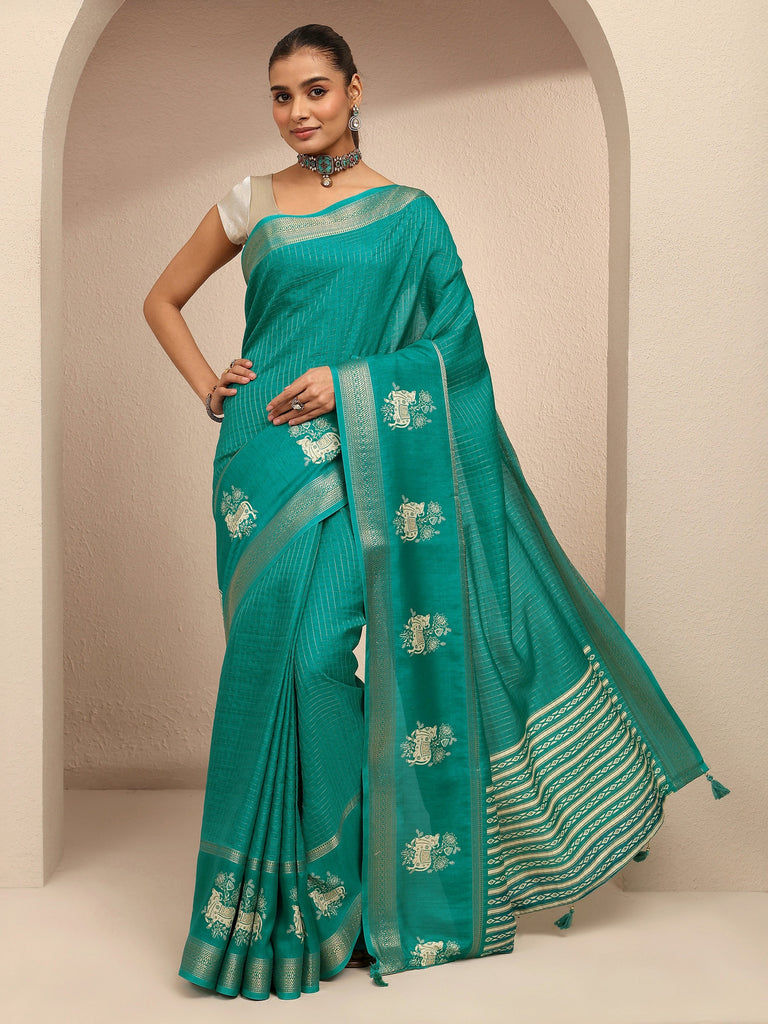 Libas Blue Embellished Silk Blend Saree With Unstitched Blouse Piece