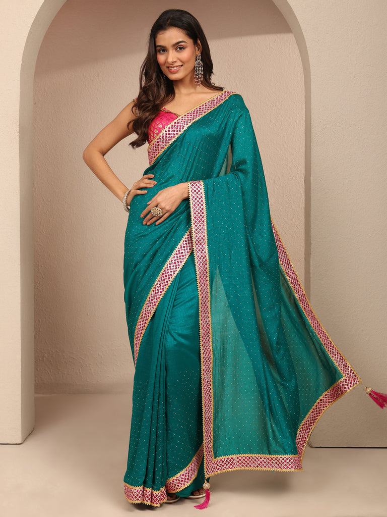 Libas Blue Embellished Silk Blend Saree With Unstitched Blouse Piece