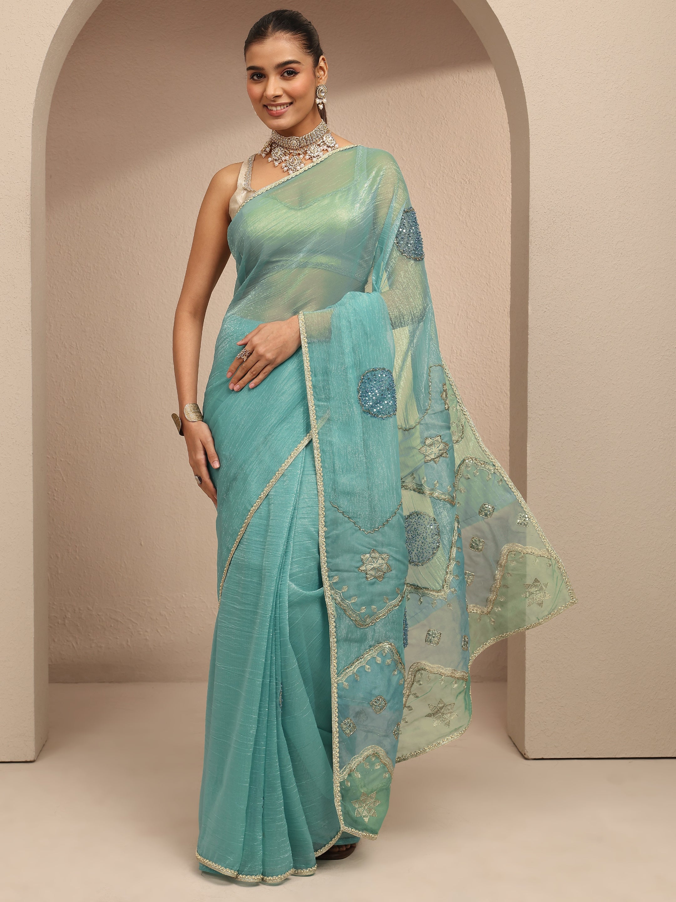 libas Blue Embellished Silk Blend Saree With Unstitched Blouse Piece-picture-50