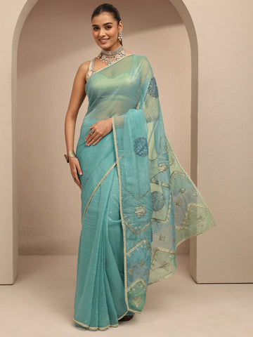 Blue Embellished Silk Blend Saree With Unstitched Blouse Piece